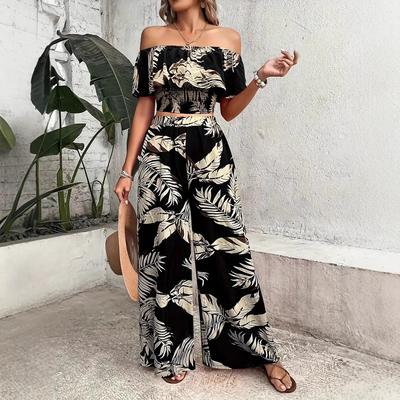 Vacation Jumpsuit Summer Ladies Printed Off-Shoulder Top and Wide Legs Pants Set