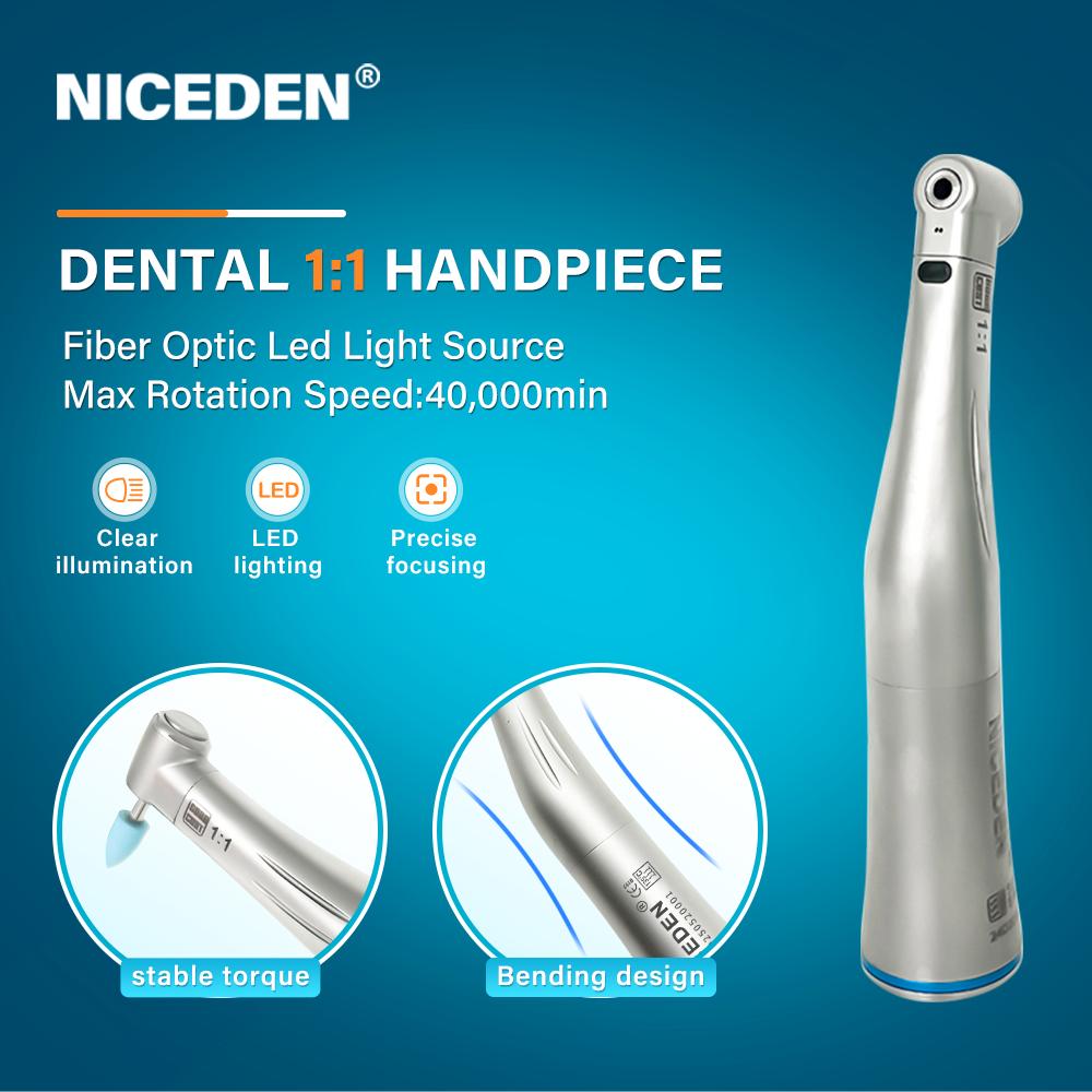 Niceden Dental 1:1 LED Fiber Optic Handpiece Internal Water Spray Contra Angle Push Button Chuck Blue Ring Low Speed Handpiece