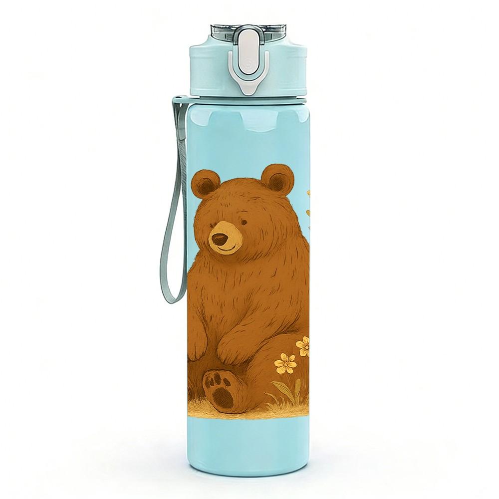 1PC Forest Brown Bear Illustration 750ml Color Plastic Sports Water Bottle Leakproof Flip Straw Lid Suitable for Sports Office Home Use