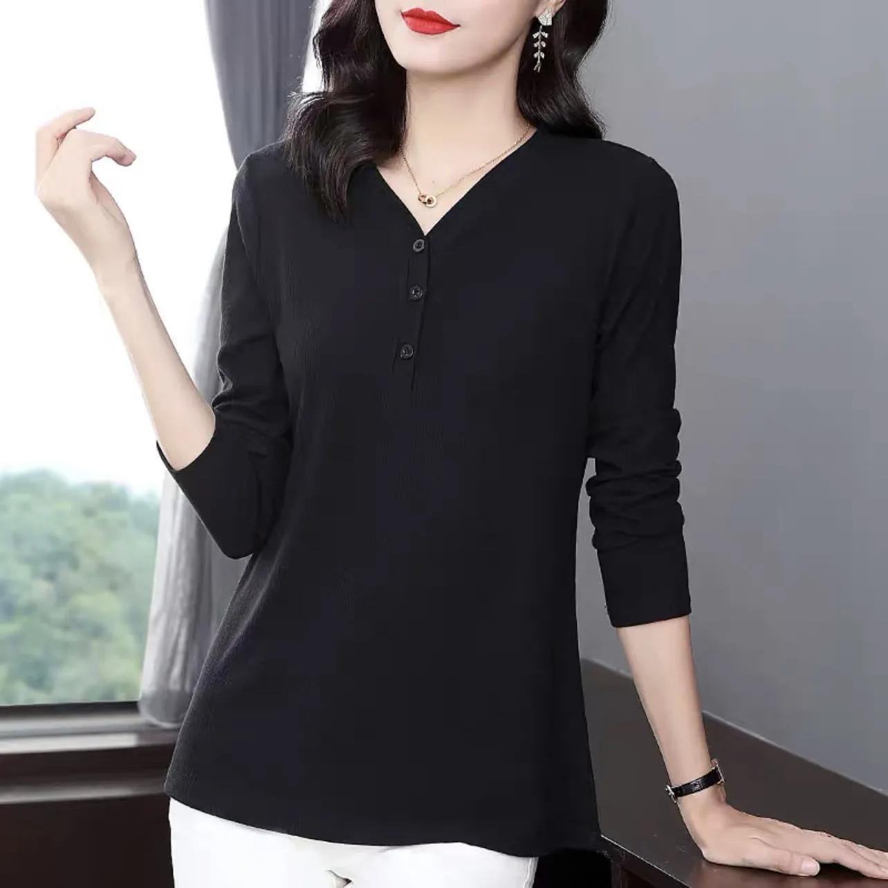 

Женская осенняя футболка с длинным рукавом и V-образным вырезом, однотонная, простая женская рубашка на пуговицах XS чёрный