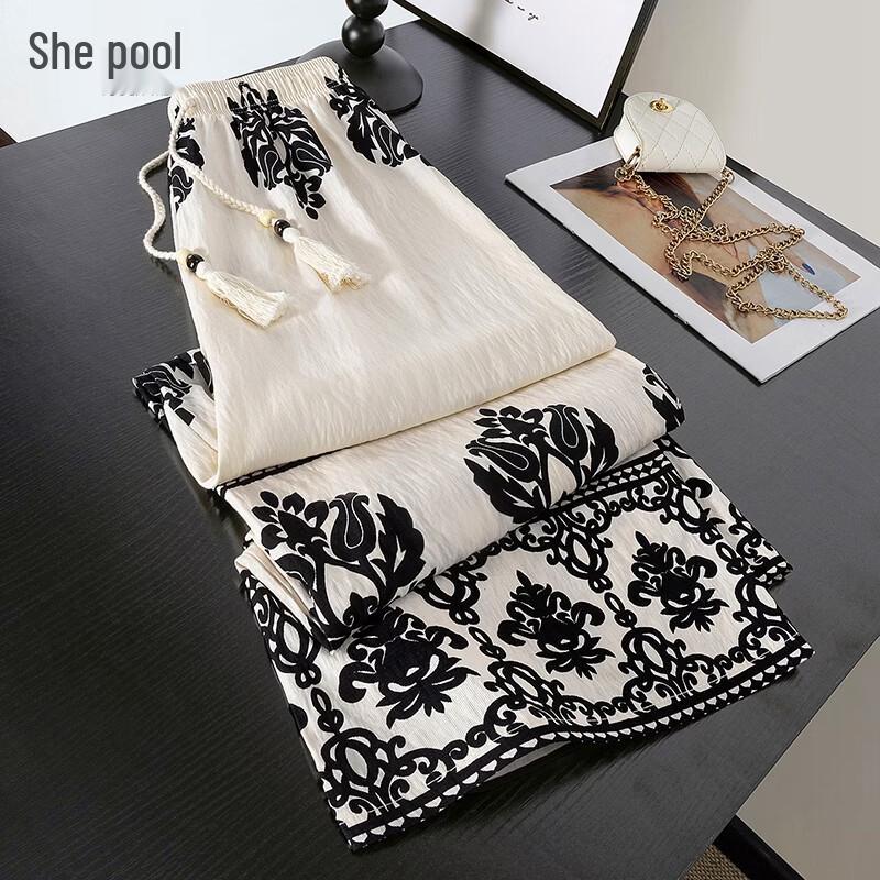 

Women s Summer Color-Block Print Loose Wide-Leg Pants One Size
