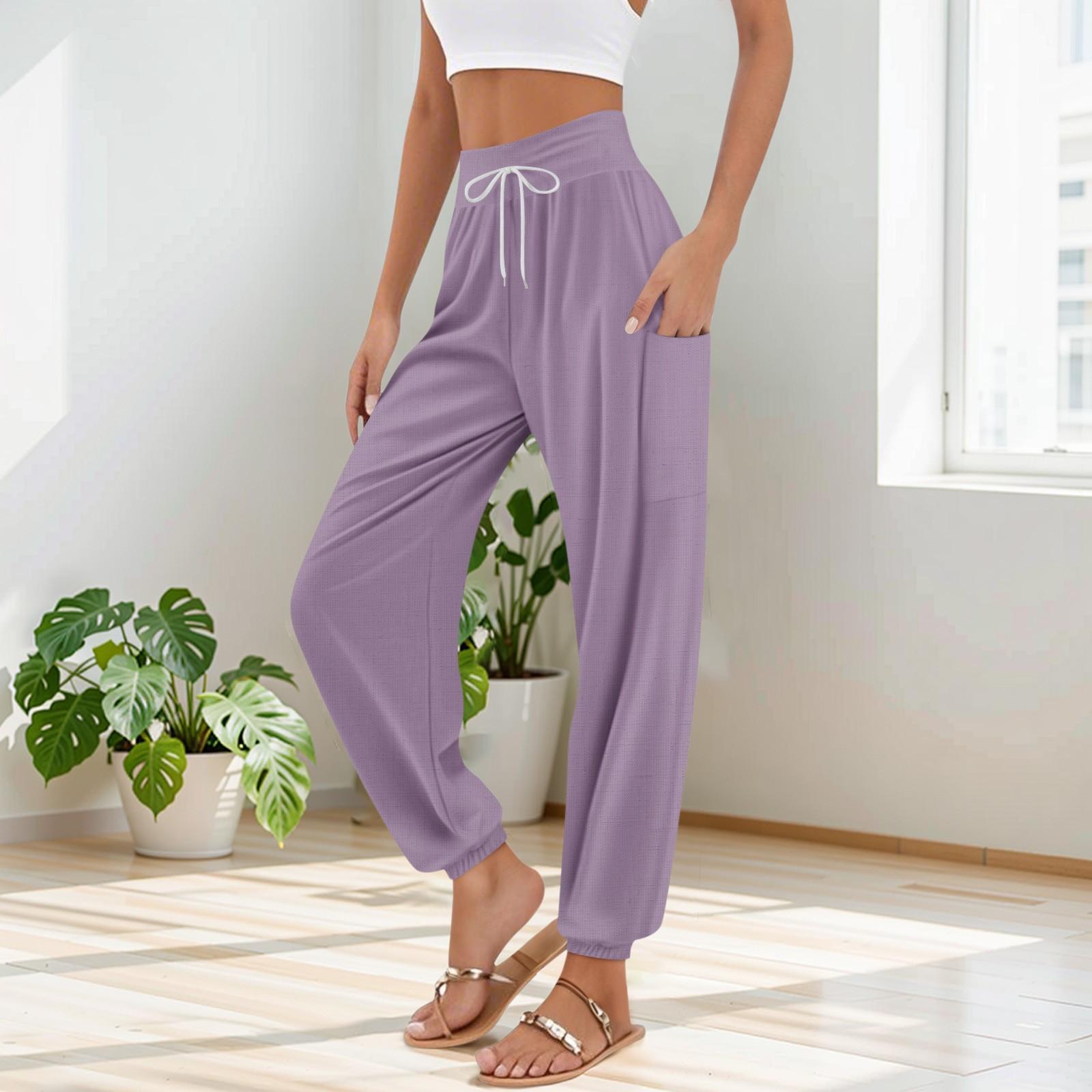 

Женские брюки с карманами и шнурком, высокая талия, для йоги, бохо, однотонные, повседневные брюки XXL