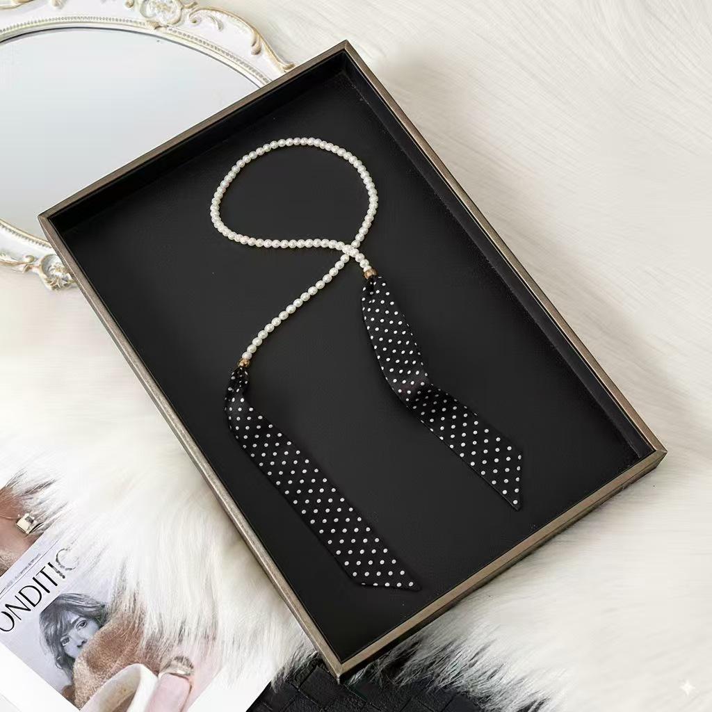 Korean Retro Polka Dot Silk Scarf & Pearl Necklace Clavicle Accessory