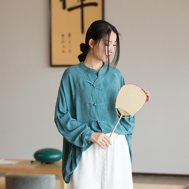 

Women Long Sleeve Casual Shirt Arrival Cotton Linen Autumn Vintage Stand Collar Loose Female Basics Tops Shirts One Size синій