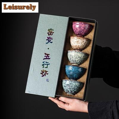 5-teiliges Set Chinesische Ofen-transformierte Keramik-Teetasse Einzelne Meistertasse Fünf Elemente Teeschale Becher Haushalt Kung Fu Teegeschirr Geschenkbox