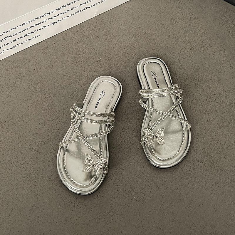 

Французская корейская версия декоративных тапочек-бабочек для девочек 2025 лето новые на плоской подошве фея ветер носок пляжные прохладные тапочки прилив 40 серебряный