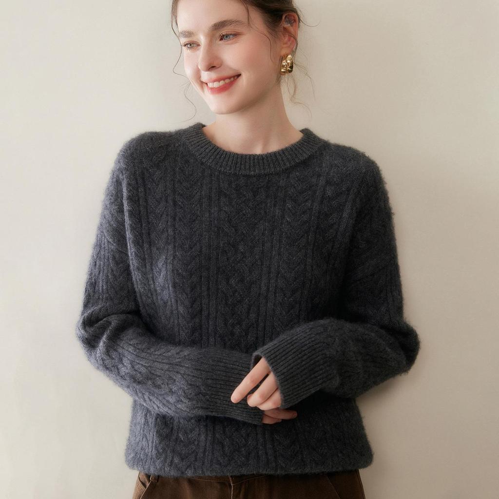 Women's Thickened Cashmere Sweater - Round Neck, Drop Shoulder, Loose Cable Knit Pullover