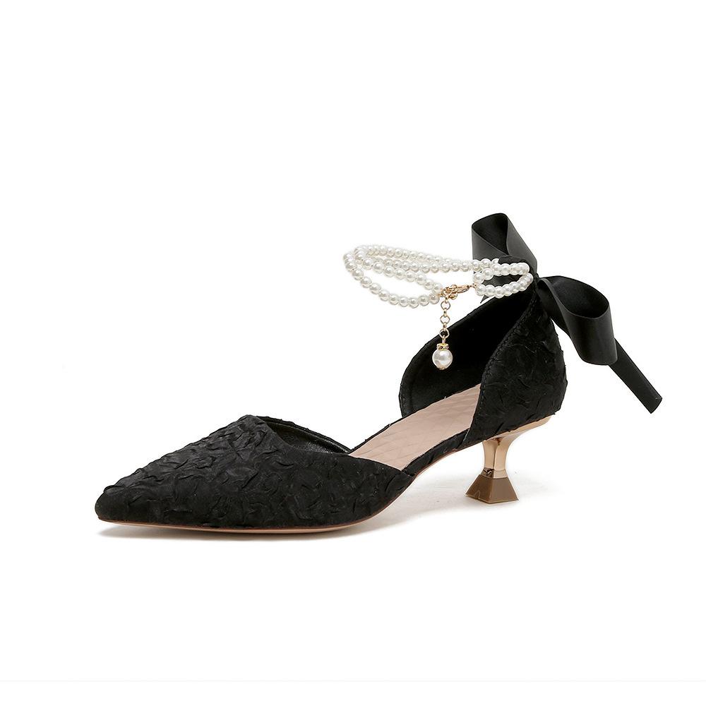 Pearl Chain High-heeled Sandals 2025 Summer New Pointed High-heeled Shoes Fairy Wind Hollow Ribbon Stiletto Single Shoes Women