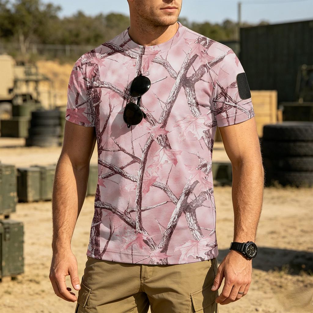 Men's Tactical Short Sleeve T Shirt Loose Fit Breathable Quick Dry Outdoor Sports Tee with Hook and Loop Patch Area
