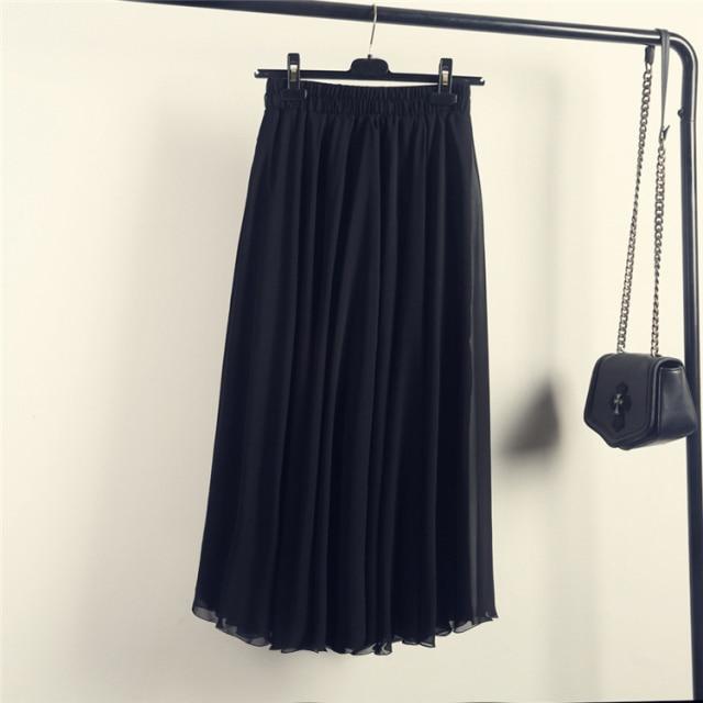 Bohemia Lange Rokken Vrouwen Stretch Hoge Taille Effen Chiffon A-lijn Rok Casual Geplooide Maxi Rok