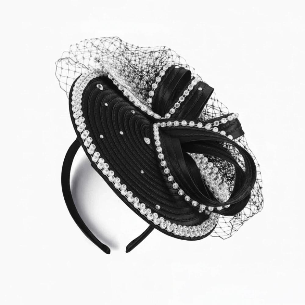 Rhinestone Studded Fascinator Hat Bowknot Design Satin Ribbon Birdcage Veil Headpiece Pre-Shaped Layered Flower Derby Fascinator чёрный
