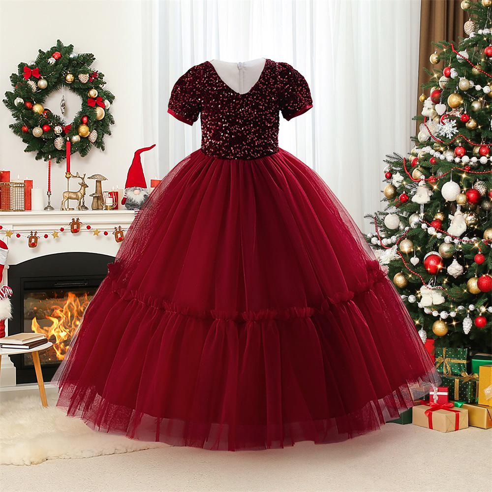 European & American Christmas Girl's Sequin Mesh Princess Dress - Long Evening & Birthday Gown