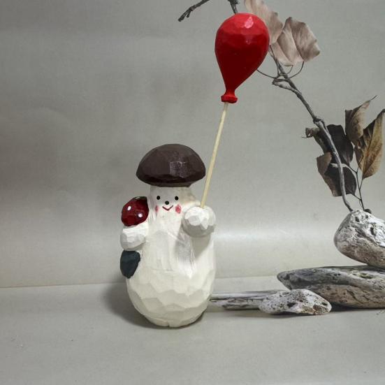 Wooden Mushroom Figurine Hand-Carved Mushroom Elf Holding A Balloon Rustic