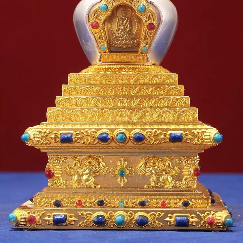 Tibetan Stupa Tantric Removable Pearl Inlaid Gem Buddhist Statue Golden Alloy Handicraft Altars Indoor Home Desktop Decorative