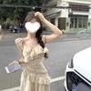 French Floral Suspender Dress Women's Summer Lotus Leaf Edge Pinch Waist Skirt a Word Skirt Irregular Temperament Long Dress