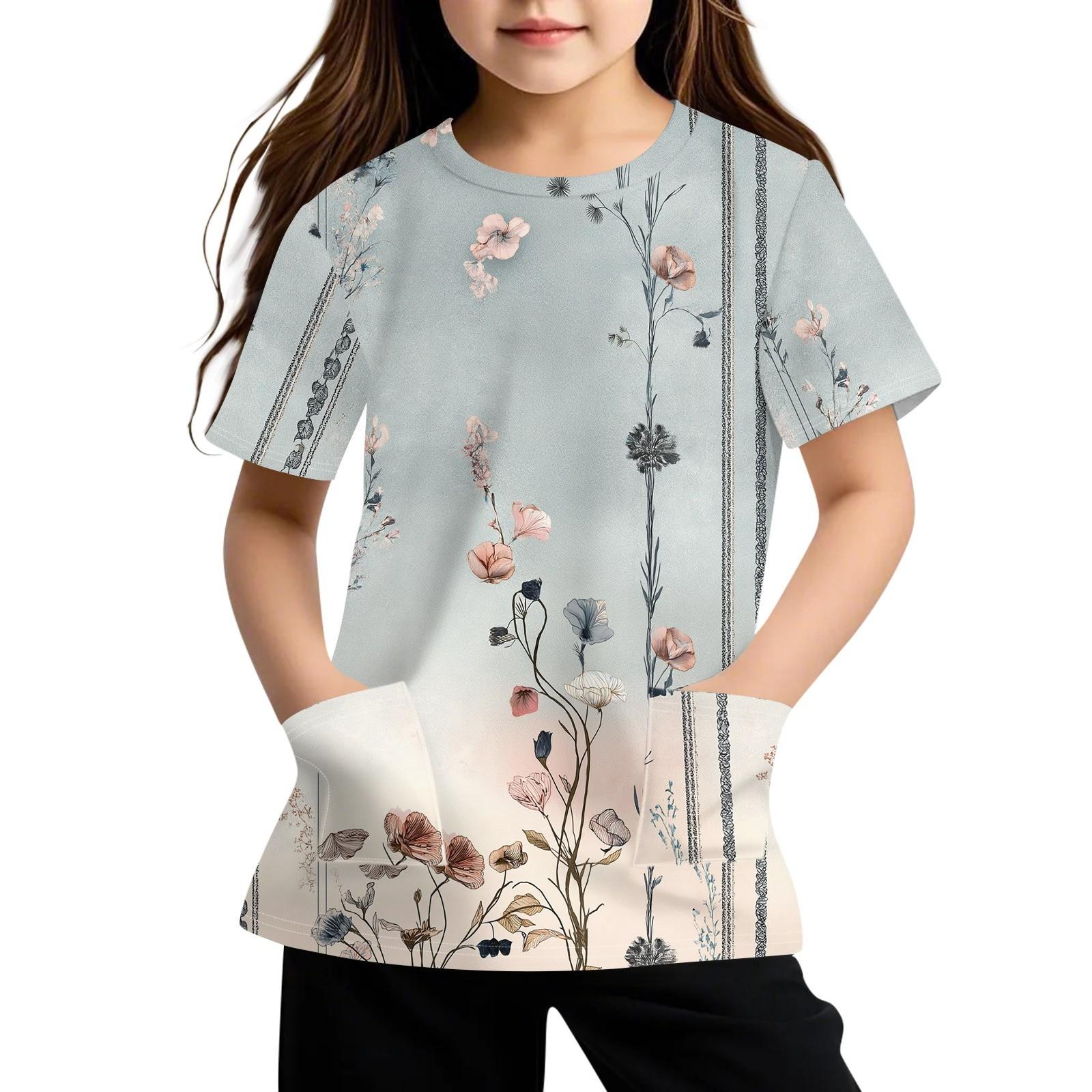 

Детская футболка с короткими рукавами и карманами, повседневная футболка с принтом, круглый вырез, блузка-пуловер 120