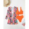 Kvinner tredelt bikinisett Høy midje shorts badedrakter Langermet utskrift Cover Ups Beach Biquinis feminino