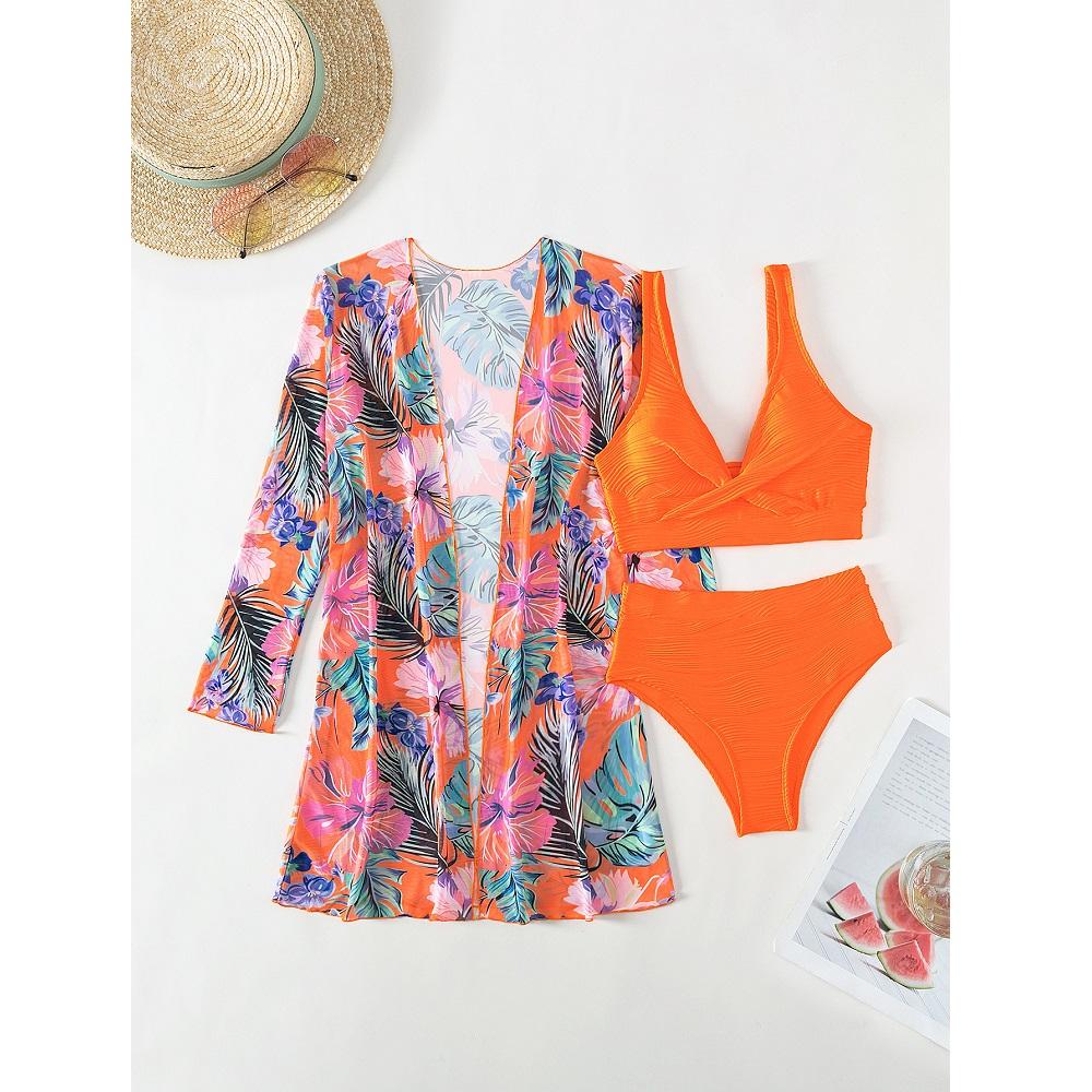 Kvinner tredelt bikinisett Høy midje shorts badedrakter Langermet utskrift Cover Ups Beach Biquinis feminino