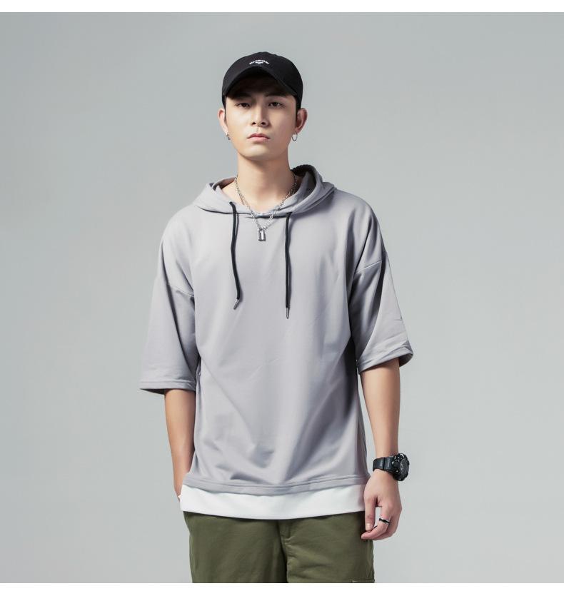 Summer Hooded T-Shirts Men Solid Short Sleeve Loose Streetwear Tees Male Vintage Casual Sports Tshirt Hooded Neck Tops Plus Size