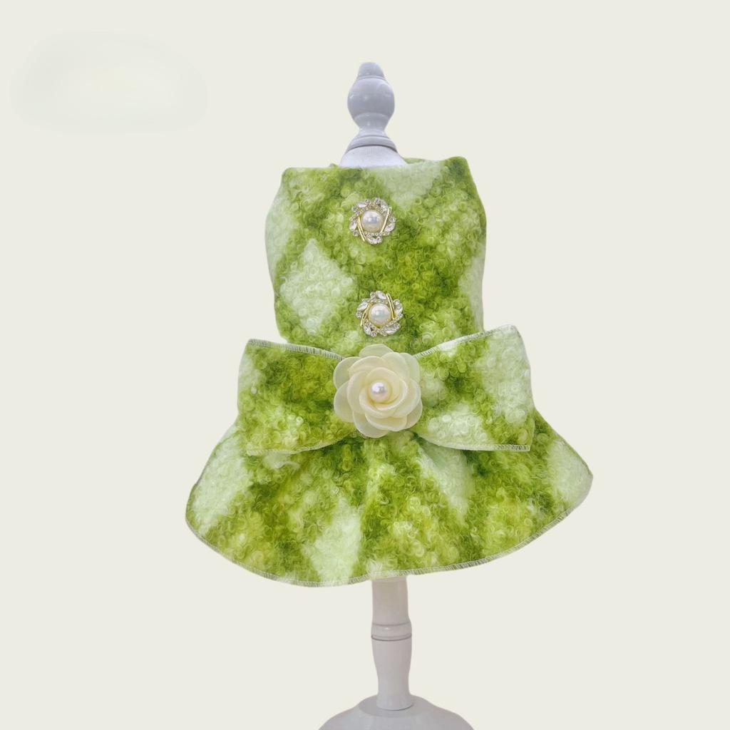 Autumn and Winter Pet Woolen Plaid Bow Dress Cat Winter Coat Woolen Coat Small Dog Teddy Dog Dresses for Small Dogs