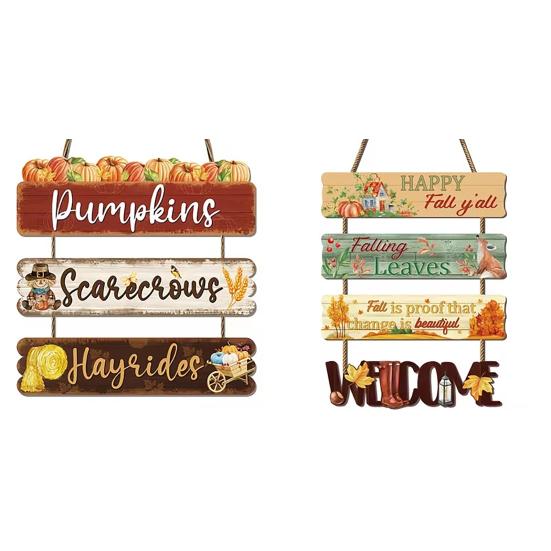 Rustic Pumpkin Door Sign Set, Wooden Scarecrow Wall Hanging Decor with Sunflower and Maple Leaf, Vintage Fall Harvest Welcome Plaque