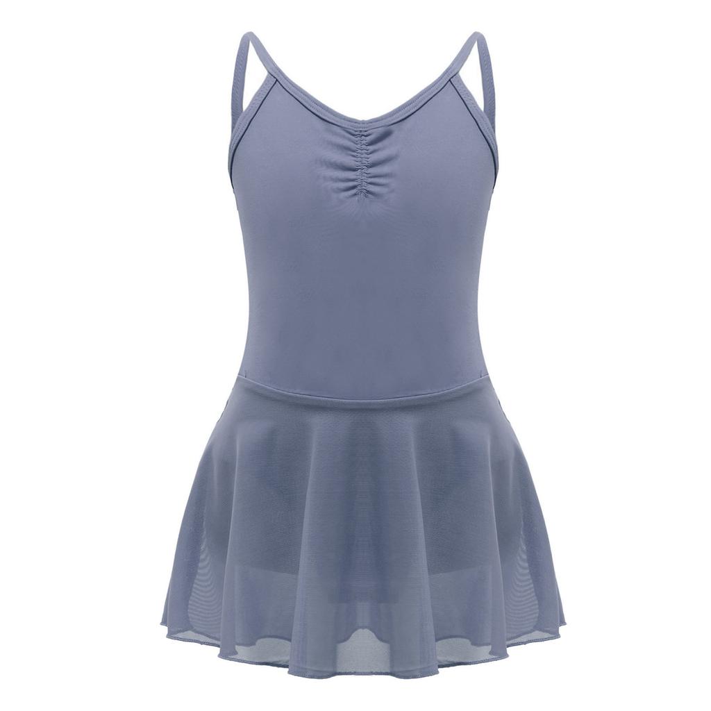 Girls Ballet Dance Dress Ruched Backless V Neck Suspenders Solid Color Exam Costume