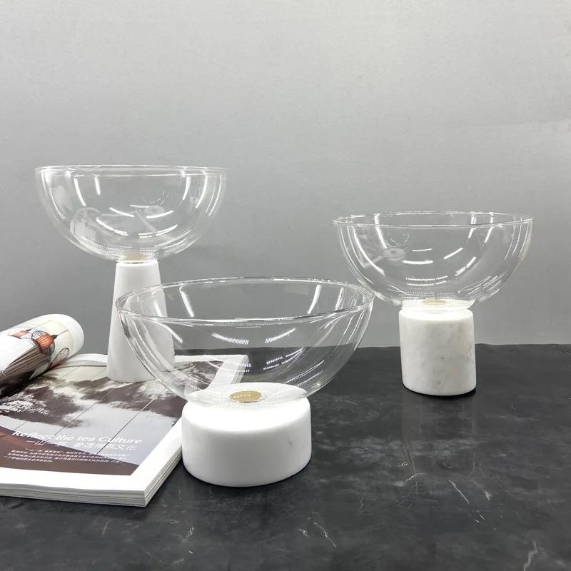 Creative Circular High Footed Glass Tray, Fruit Tray, White Marble Decorative Tray, Dessert Bowl, Kitchen Storage Container