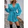 Women's Printed Long Sleeve High Waisted Strappy Jumpsuit Shorts
