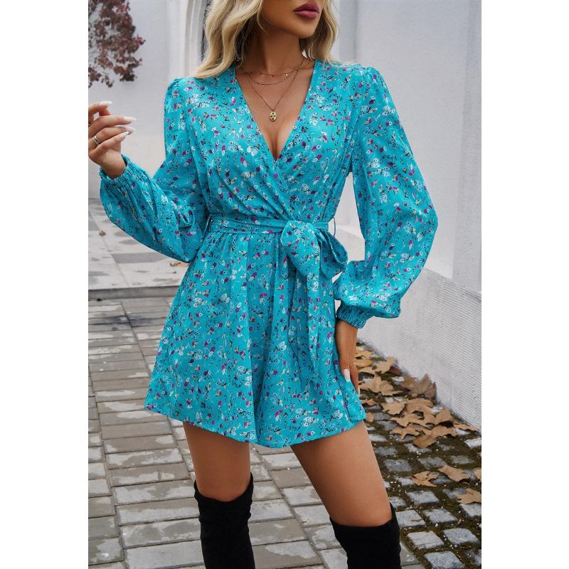 Women's Printed Long Sleeve High Waisted Strappy Jumpsuit Shorts
