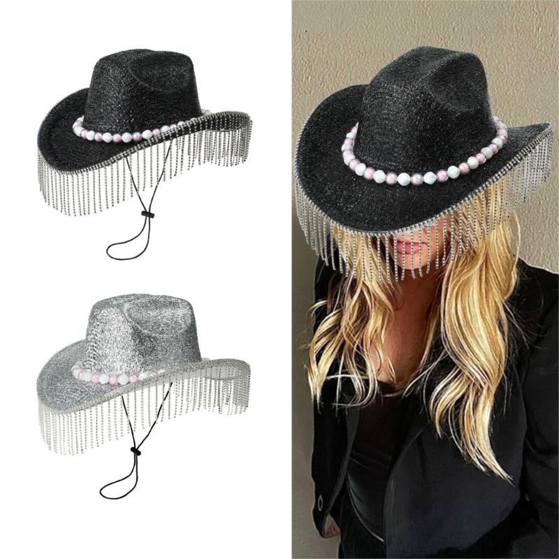 Heavy Diamond Cowboy Hats Tassels Glittered Hat for Disco House Cocktails Parties Vacation Sparkly Tassels for Comedian
