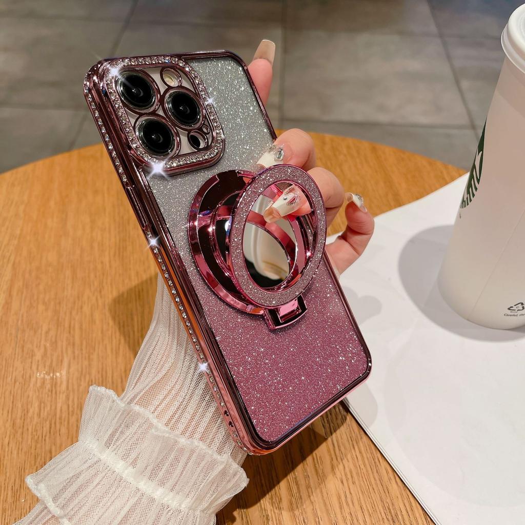 For iPhone 14 Pro Max Cover TPU Magnetic Phone Shell with Acrylic Mirror PC Kickstand Cover