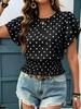Women Polka Dot Print Round Neck Ruffled Short Sleeve Smocked Waist Casual T Shirt Top