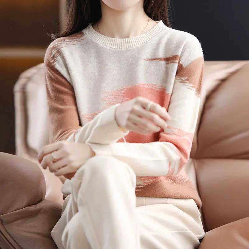 Round Neck Contrast Sweater Women's Autumn and Winter Loose Casual Knitted Sweater Fashion Pullover