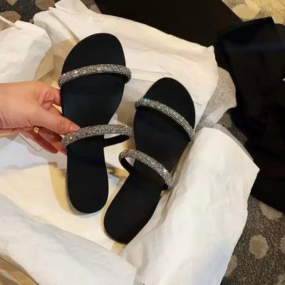 Fashion Sandals 2025 Summer New Style Fairy Style One Word with Water Diamond Flat Bottom Set Toe Cool Slippers for Outer Wear