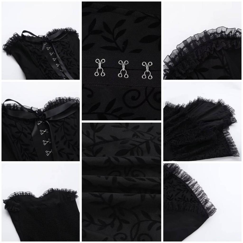 Gothic Goth Dark Lace Patchwork Bandage Strapless Corset Dress Party Gown Fairy Backless Tailed Women