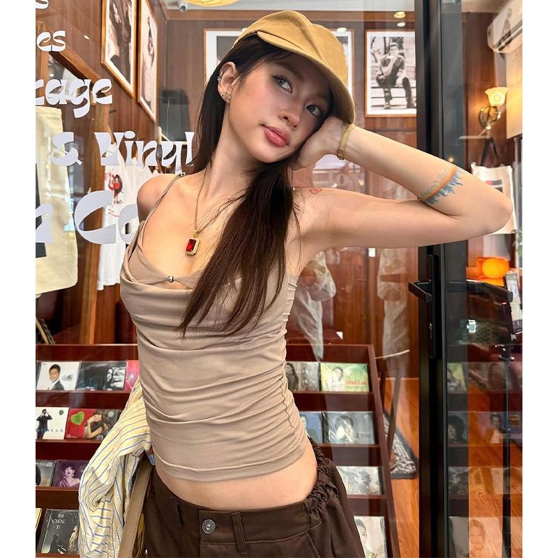 Ins Style Draped Collar Cami Top Women Sexy Pure Desire Spaghetti Strap Vest Summer Daily Wear