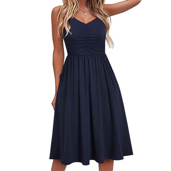 

Sling Solid Color Women Dress Spaghetti Strap V-neck Shirring Waist Tight Midi Dress Streetwear S циан