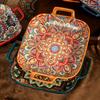 Bohemian Double Ear Square Ceramic Plate Creative Household Dish Plate Net Red Fruit Spaghetti Plate Oven Microwave Oven-9inch