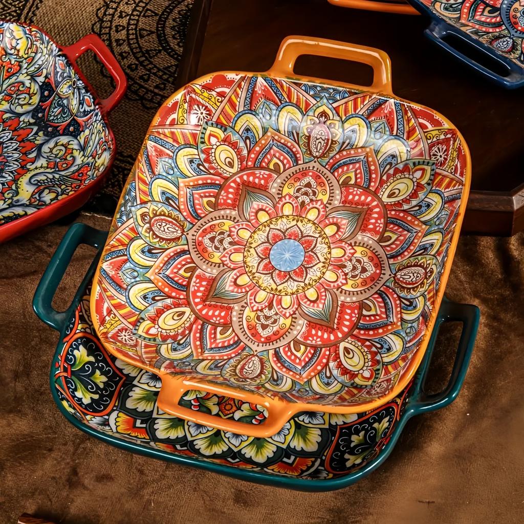 Bohemian Double Ear Square Ceramic Plate Creative Household Dish Plate Net Red Fruit Spaghetti Plate Oven Microwave Oven-9inch