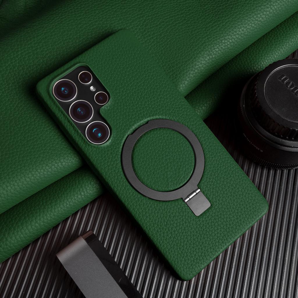 Foldable Bracket Lychee Genuine Leather Case For Samsung Galaxy S26 Ultra S25 FE S24 S23 S22 S21 Plus Back Cover Phone Case Capa