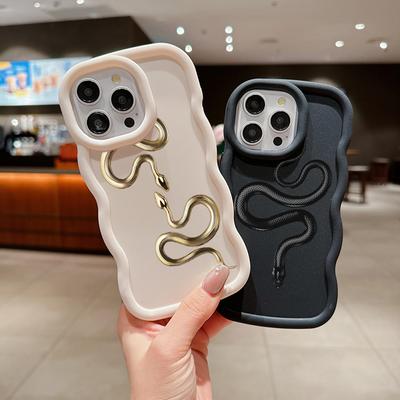 N71 Black Gold Snake Macaron Wavy Edge Phone Cases for iPhone 15 Pro Max Samsung A54 A14 S23 S24 S23 Ultra S21 FE Redmi Note 13 Pro Shockproof Cover