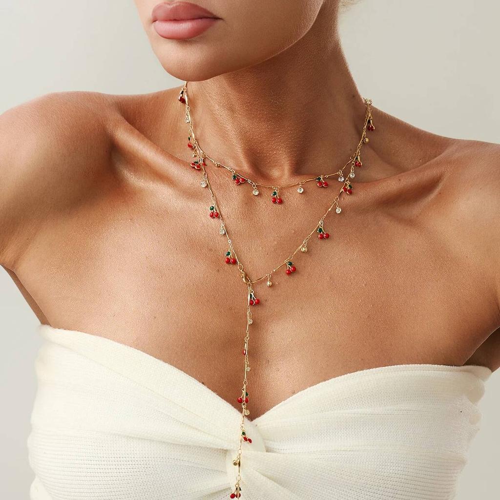 Ingemark 2Pcs/Set Y2K Romantic Cherry Pendant Long Chain Necklace for Women New Trend Sexy Chest Tassel Choker Wedding Jewelry