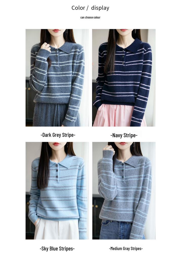 2025 Fall Women's Pure Wool Casual Stripe Polo Collar Long Sleeve Sweater