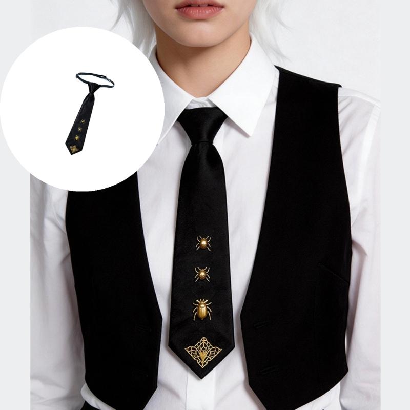 Punk Necktie With Adjustable Elastic Strap And Metal Insect Decors For Men Women Dark Fashion Cosplay Uniform Accessory