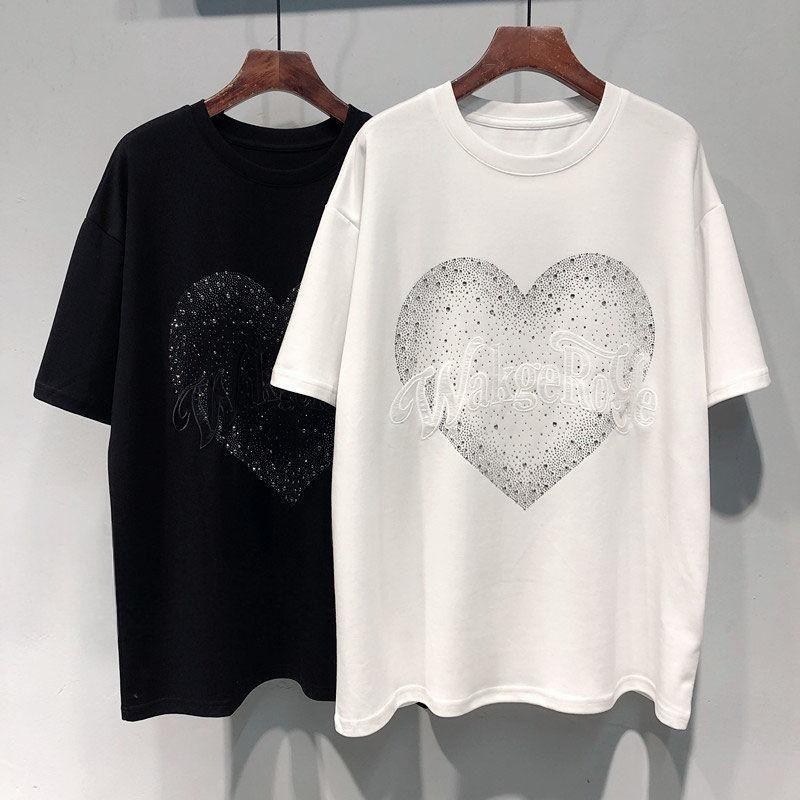 Summer New Loose Diamond Mid-length Casual Versatile Short-sleeved T-shirt Top for Women Round Neck Short-sleeved Pullover