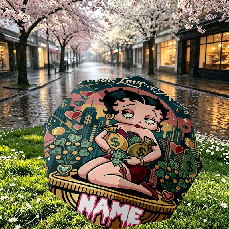 Spersonalizowany Parasol z Nadrukiem Betty Boop z Imieniem, Automatyczne Otwieranie i Zamykanie, Wytrzymały Stelaż z 8 Żebrami, do Codziennego Użytku, na Kemping i Piesze Wycieczki, Prezent Urodzinowy