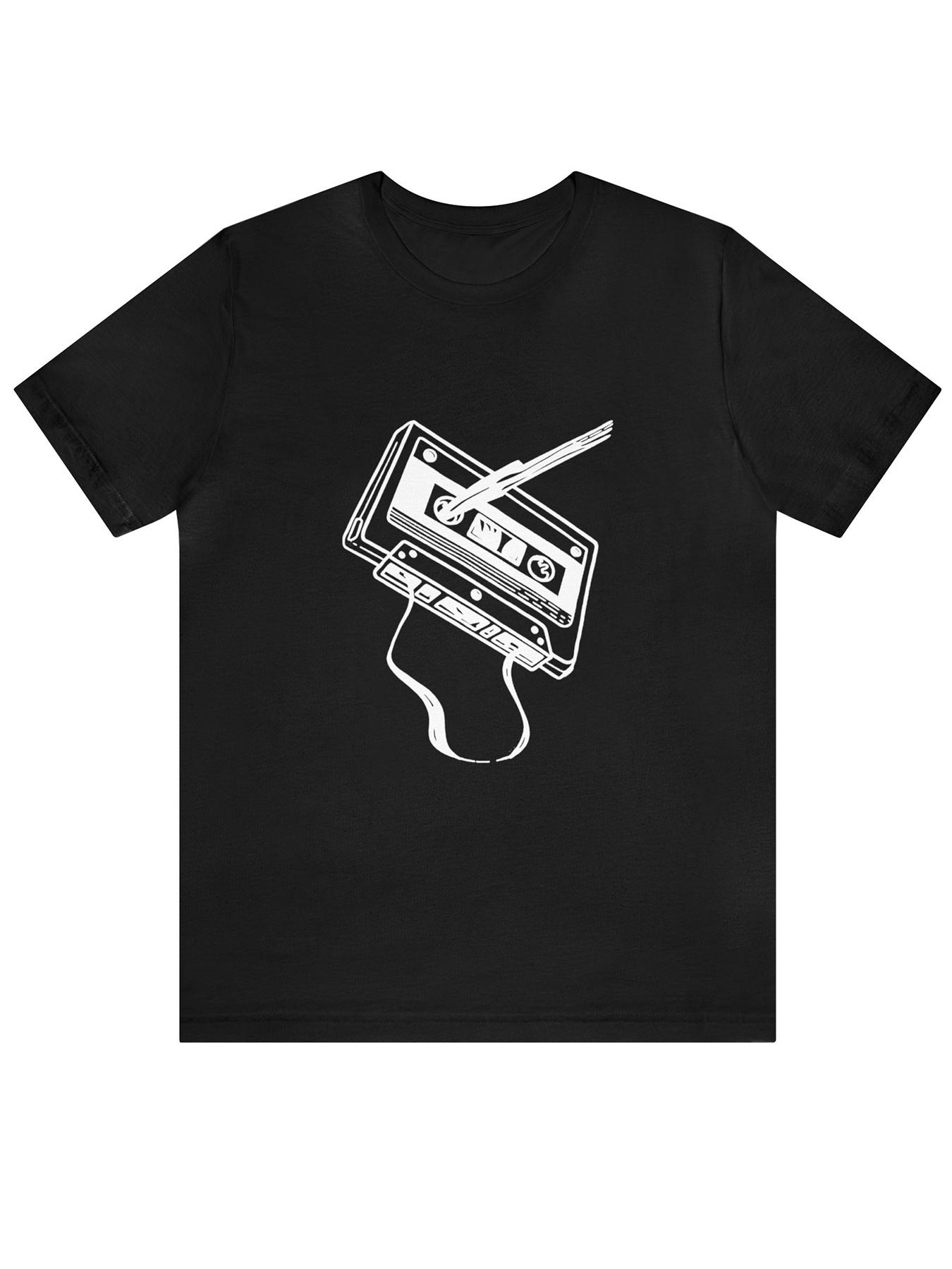 

Unisex s Casual Cotton T-Shirt with Geometric Cassette Print, Crew Neck, Knit Fabric XXXL