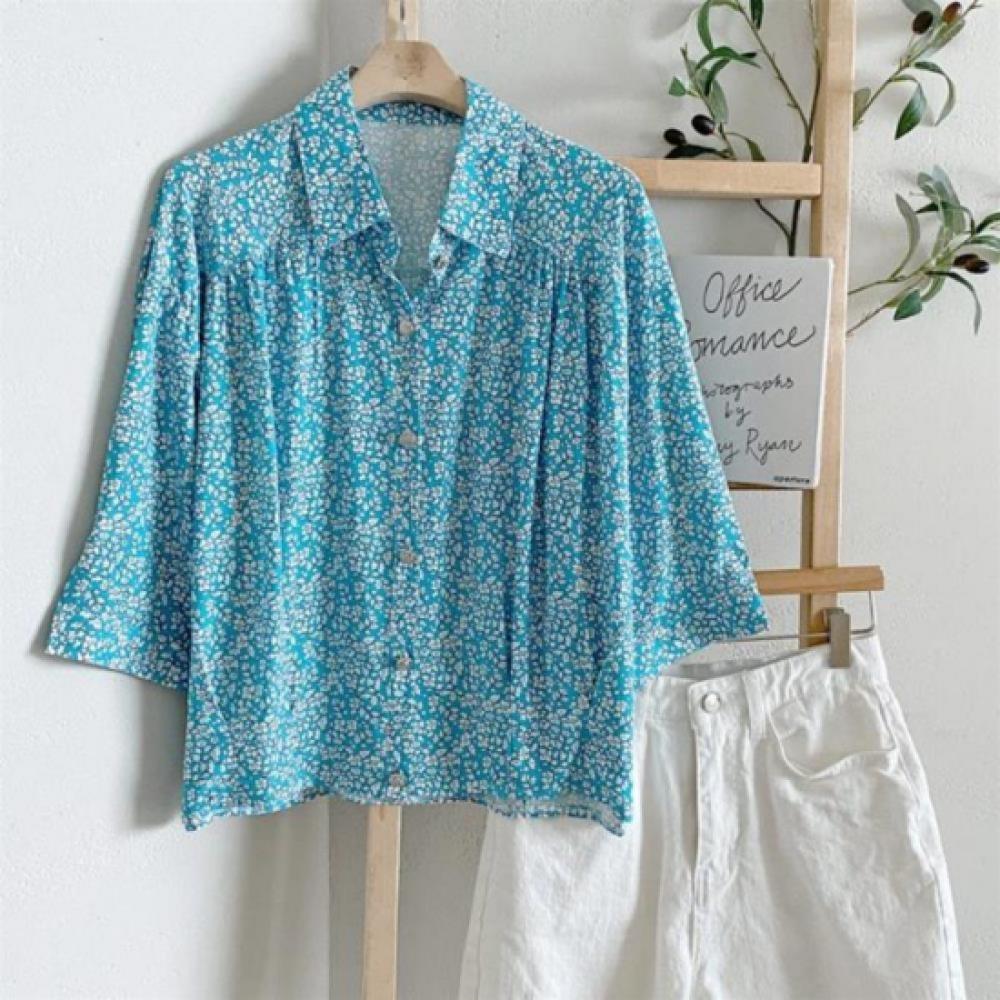 New Arrivals Open Run Women Flower Pattern Pintuck Shirring 7 8 Rayon Blouse