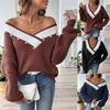 Women Off Shoulder Striped Sweater V Neck Long Sleeve Color Block Knitted Pullover with Pearl Buttons