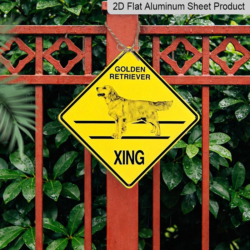 2D Flat 1pc Golden Retriever Crossing Sign - Pet Owner Gift, Vintage Caution Decoration - Bright Yellow & Black Metal Tin Poster - Indoor/Outdoor